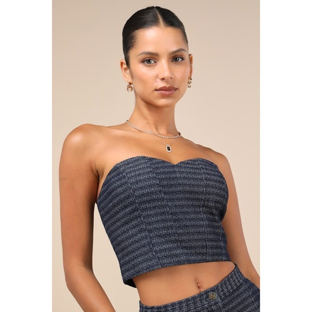 Lulus Carefree Fantasy Navy Blue Tweed Strapless Crop Top - Size S